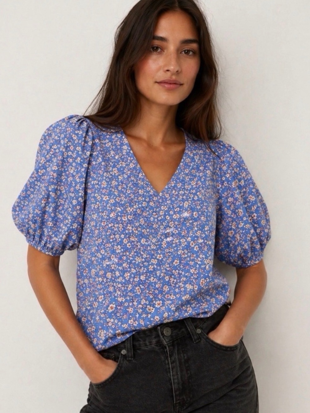MADEWELL Summer Vines Floral Puff Sleeve V-Neck Cotton Blouse Top XL